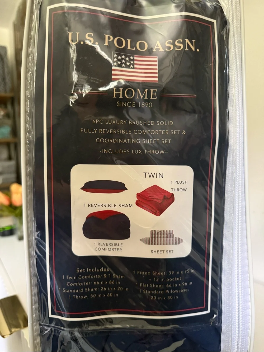 U.S. Polo Assn Home Twin 6Pc Navy Red Reversible Comforter Set Plush Throw NIP